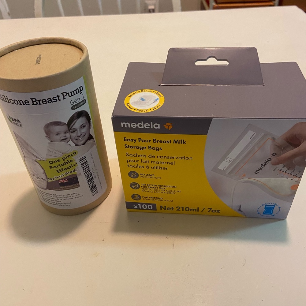 Medela storage bags and Haakaa pump